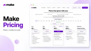 Make Pricing featured image showing the Make pricing page with plans, credits, and monthly cost cards.