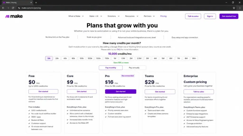 Make pricing page showing Free, Core, Pro, Teams, and Enterprise plans with the 10,000 credits per month selector.