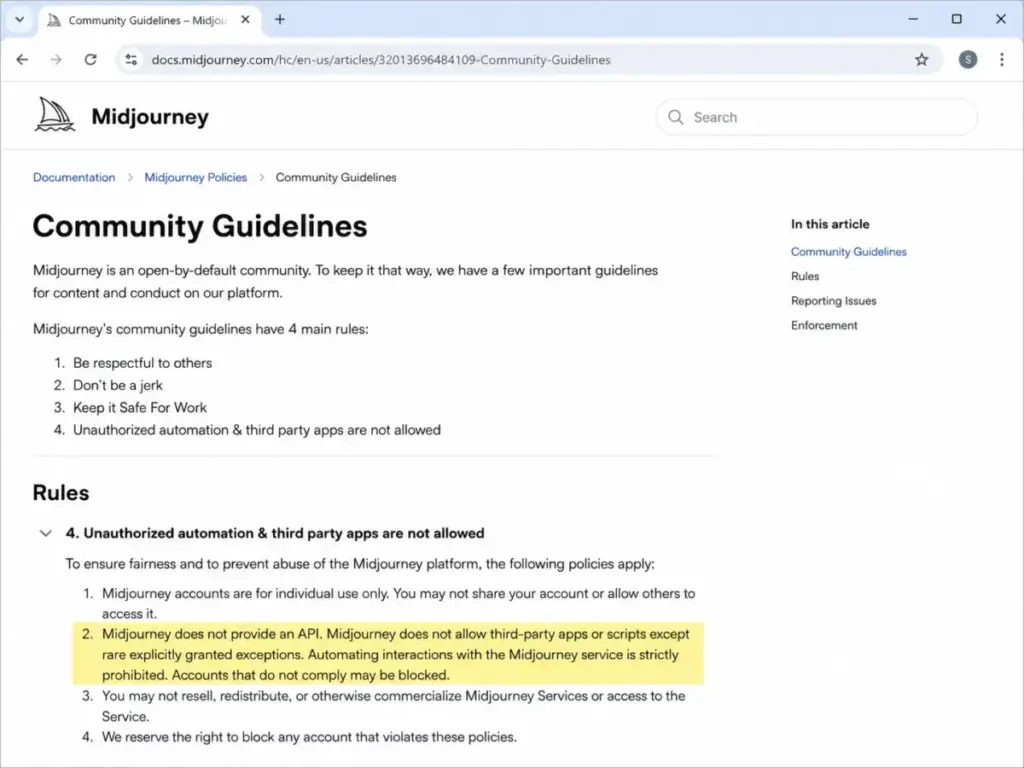 Screenshot-style mockup of the Midjourney Community Guidelines page highlighting the no-API and no-automation policy.