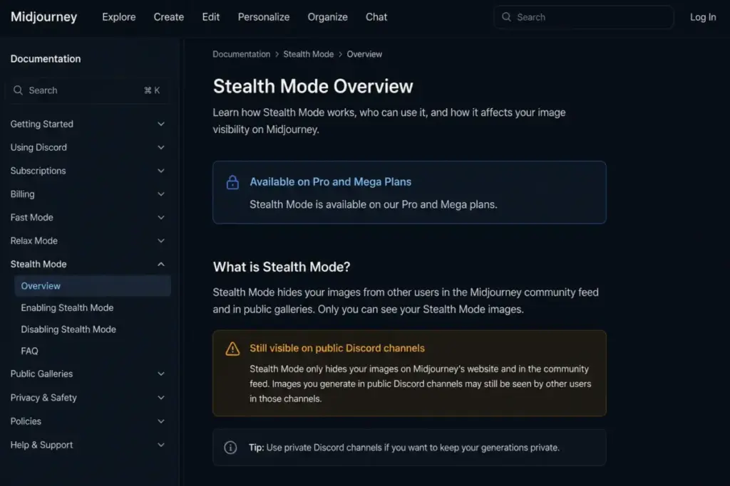 Screenshot-style mockup of Midjourney Stealth Mode documentation showing the Pro/Mega plan requirement and public Discord visibility caveat.