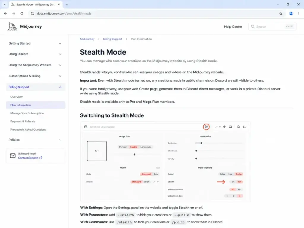 Midjourney Stealth Mode documentation page showing that Stealth Mode is available only for Pro and Mega plans and does not hide creations made in public Discord channels.
