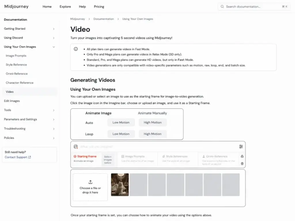Midjourney Video documentation screenshot showing Fast Mode, Relax Mode, HD video availability, and image-to-video starting frame options.