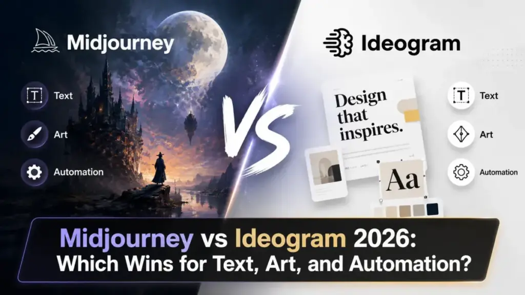 Featured image comparing Midjourney and Ideogram in 2026 for text generation, AI art quality, and automation workflows.