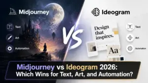 Featured image comparing Midjourney and Ideogram in 2026 for text generation, AI art quality, and automation workflows.