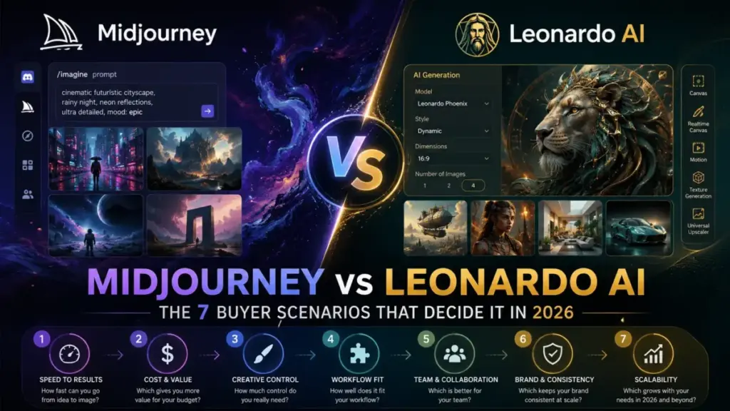 Midjourney vs Leonardo AI comparison featured image showing seven buyer scenarios for choosing the best AI image generator in 2026.