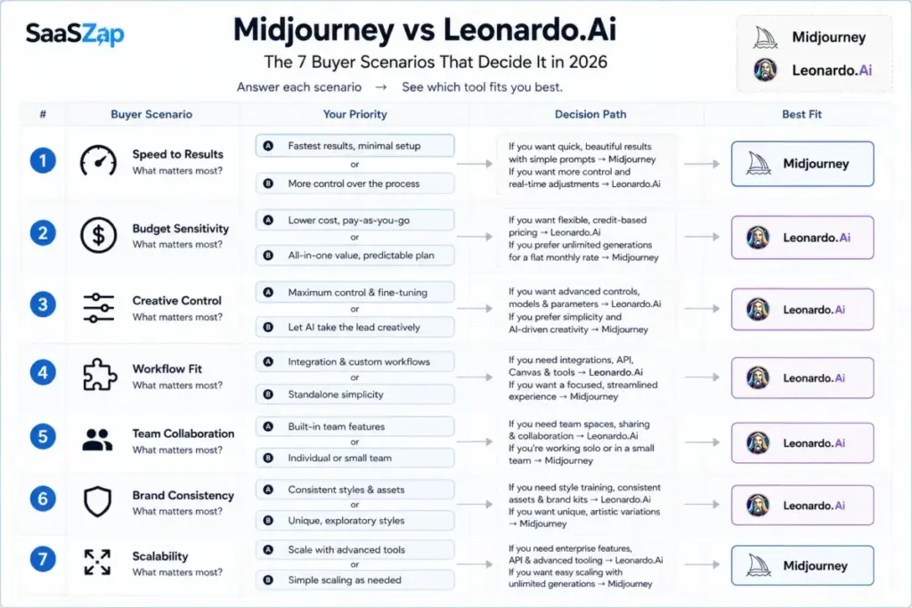 Decision-flow graphic comparing Midjourney and Leonardo AI across 7 buyer scenarios in 2026, including speed, budget, creative control, workflow fit, collaboration, brand consistency, and scalability.