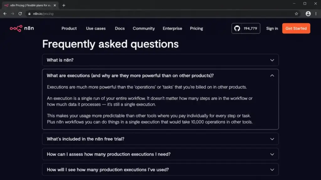 n8n pricing FAQ defining workflow executions as one full workflow run