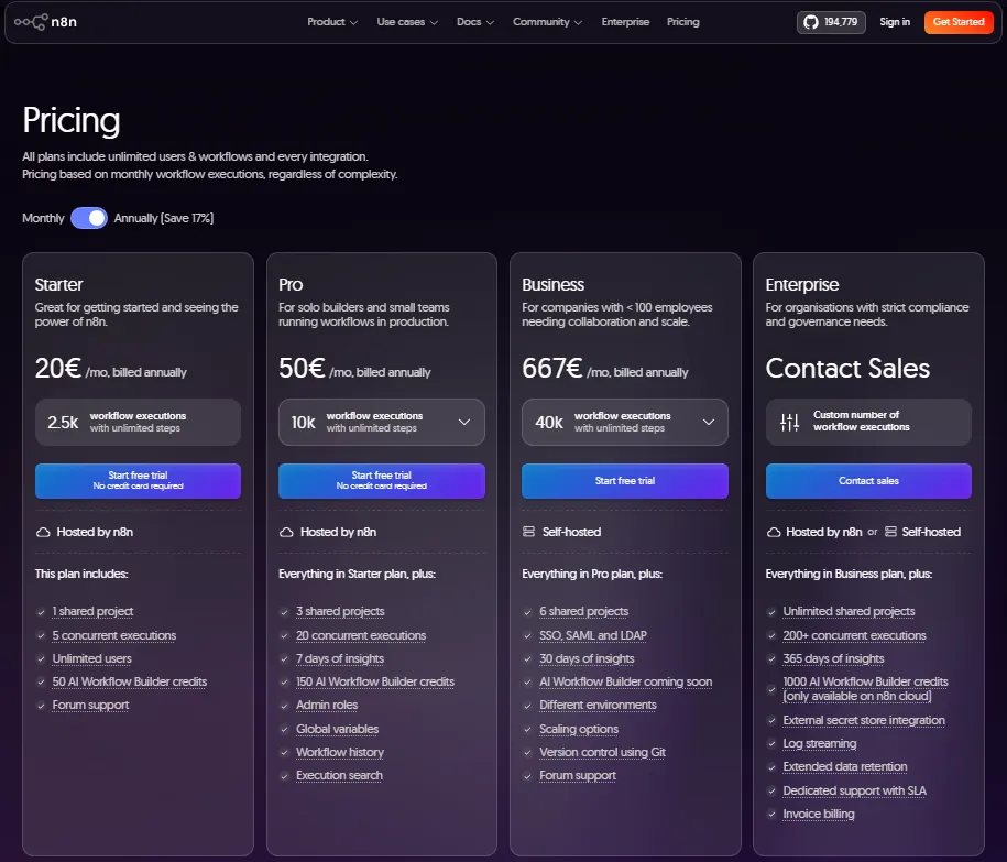 n8n pricing plans for Starter, Pro, Business, and Enterprise shown with annual billing