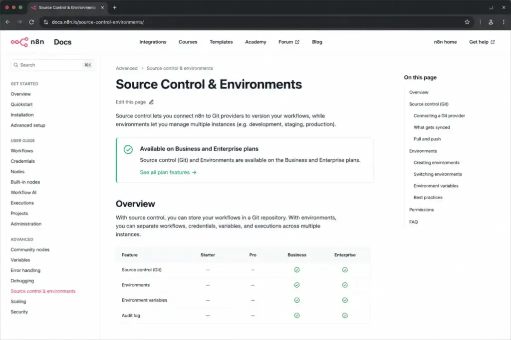n8n docs showing source control and environments available on Business and Enterprise plans