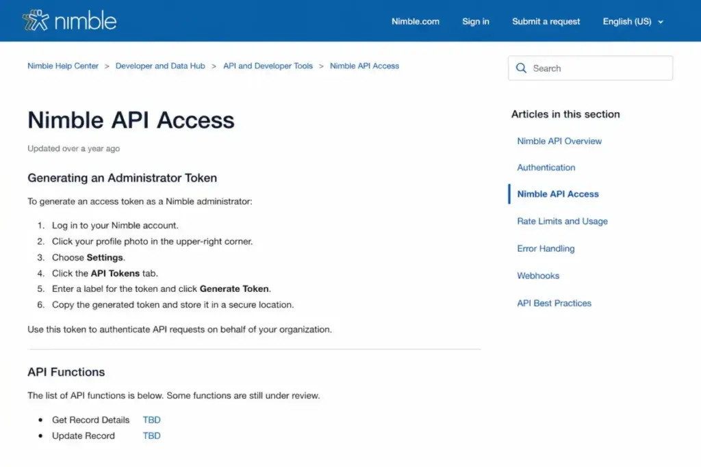 Nimble API Access help article showing administrator token-generation steps and API functions marked TBD.