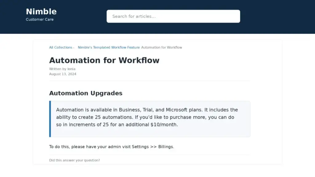 Nimble help-center article showing 25 included workflow automations and an additional $10 monthly charge for each block of 25.
