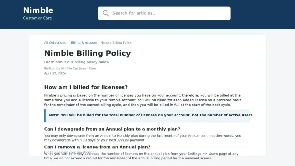 Nimble Billing Policy help article explaining total-license billing, prorated added licenses, annual-plan downgrade timing, and refund restrictions.