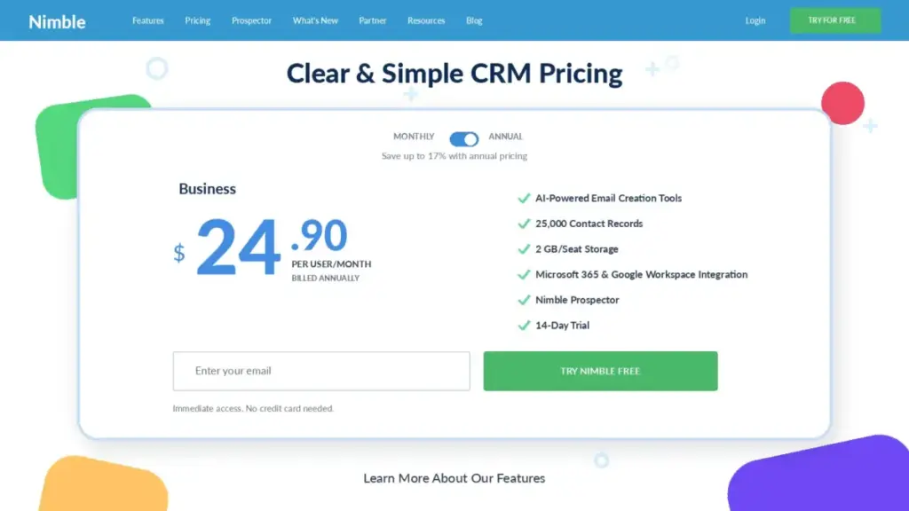 Nimble Business plan priced at $24.90 per user per month with annual billing selected.