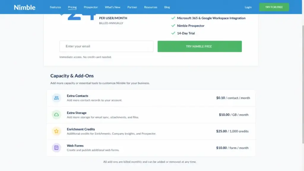 Nimble pricing page showing separate costs for extra contacts, storage, enrichment credits, and web forms.