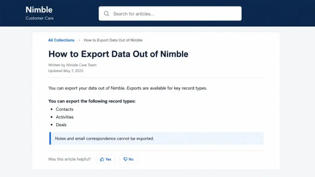 Nimble help-center article showing that contacts, activities, and deals can be exported, while notes and email correspondence cannot.