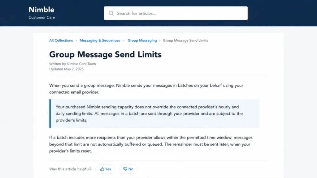 Nimble help-center article explaining connected email-provider sending limits and how messages beyond the permitted batch are handled.