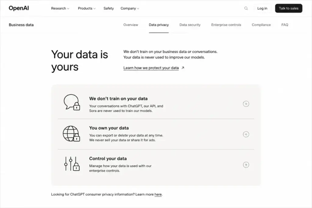Screenshot-style mockup of OpenAI’s business data page showing the data privacy section with no-training-by-default, data ownership, and enterprise control messages.