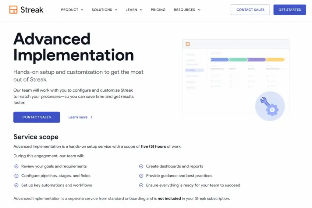 Streak Advanced Implementation page showing the five-hour setup service scope