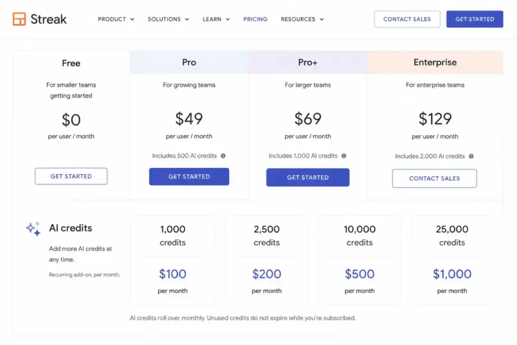 Streak AI credit add-on packs with 1,000 to 25,000 credits and monthly prices