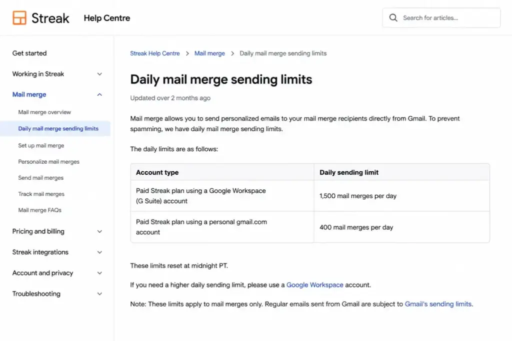 Streak daily mail merge limits for Google Workspace and personal Gmail accounts