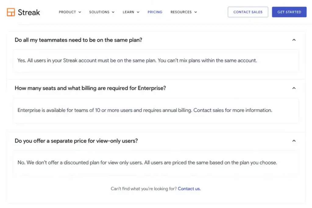 Streak pricing FAQ showing same-plan rules, Enterprise annual billing, and view-only user pricing