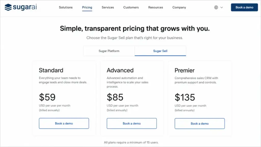 SugarAI Sugar Sell pricing page showing Standard, Advanced, and Premier plans