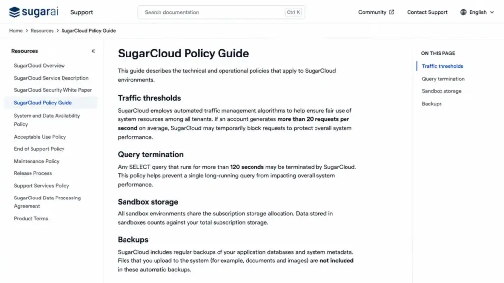 SugarCloud Policy Guide showing request limits, query termination, sandbox storage, and backup exclusions