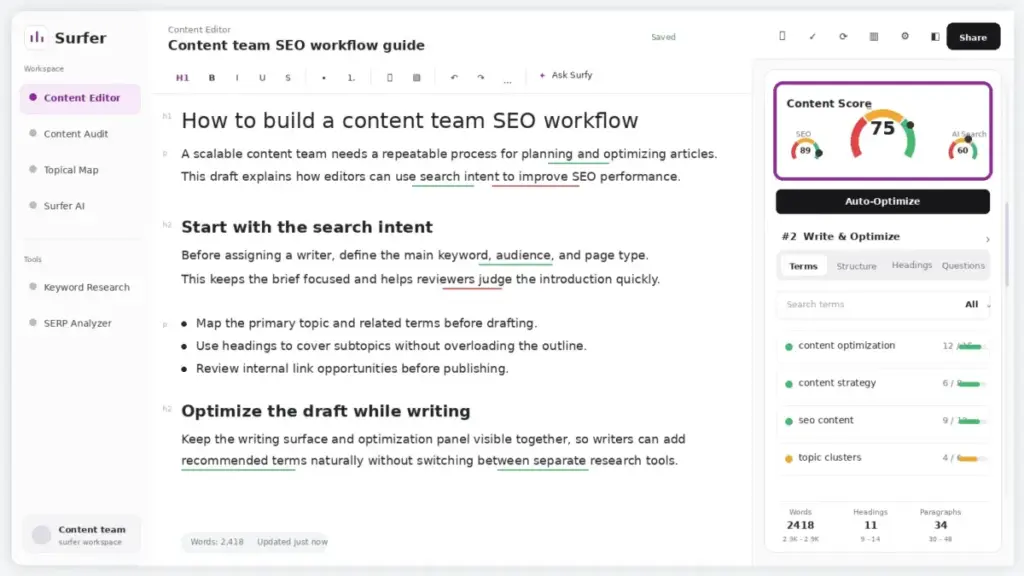 Surfer Content Editor screenshot mockup with Content Score and Terms panel