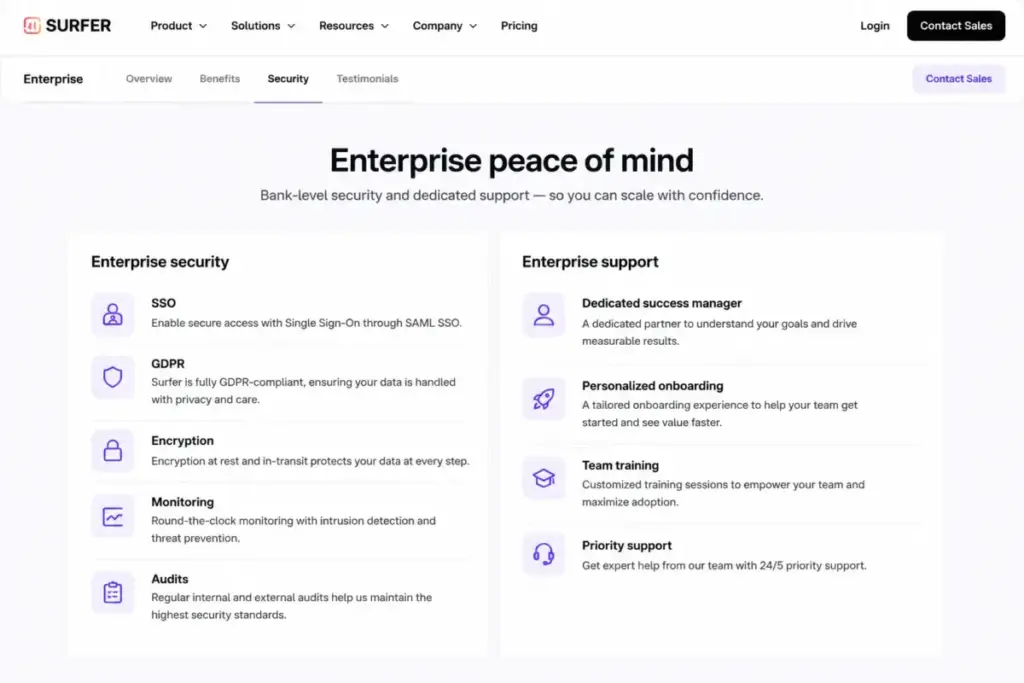 Surfer Enterprise security and support section showing SSO, GDPR, encryption, audits, onboarding, and 24/5 support