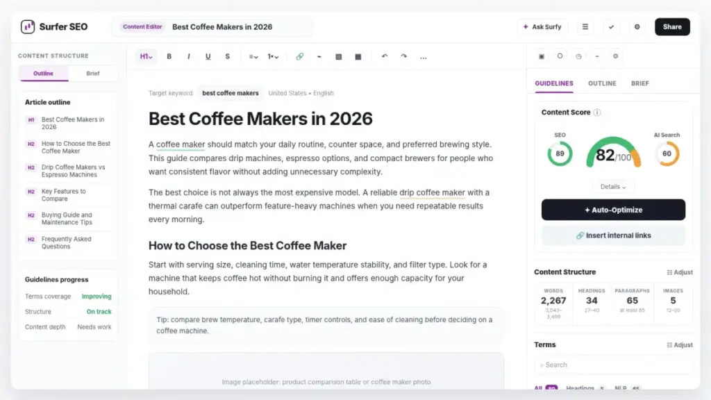 Screenshot mockup of Surfer SEO Content Editor showing Content Score, SEO guidelines, article editor, and keyword term suggestions.