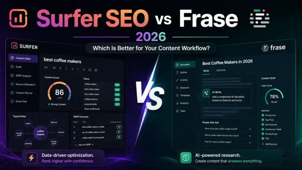 Featured image comparing Surfer SEO vs Frase 2026 for content workflow, showing SEO optimization and AI research dashboards.