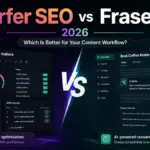 Featured image comparing Surfer SEO vs Frase 2026 for content workflow, showing SEO optimization and AI research dashboards.