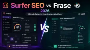 Featured image comparing Surfer SEO vs Frase 2026 for content workflow, showing SEO optimization and AI research dashboards.