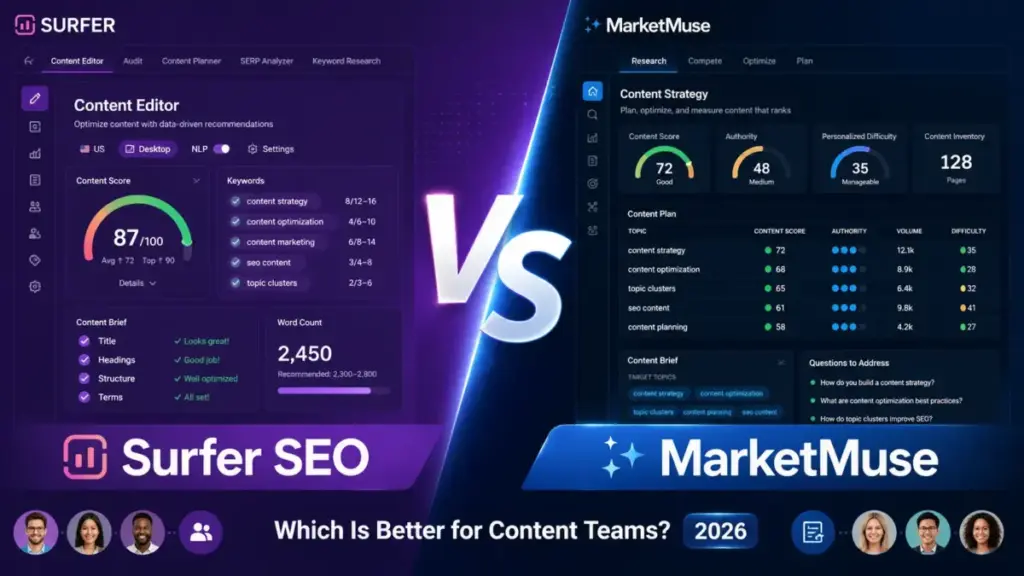 Surfer SEO vs MarketMuse 2026 comparison dashboard for content teams