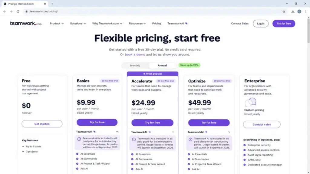 Teamwork.com pricing page showing the TeamworkAI notice that usage-based AI credits will launch in September 2026.