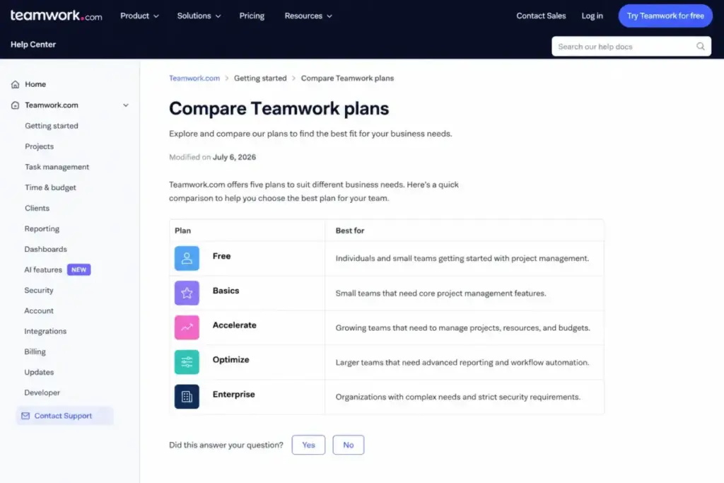 Teamwork support article showing the Free, Basics, Accelerate, Optimize, and Enterprise plans, modified July 6, 2026.