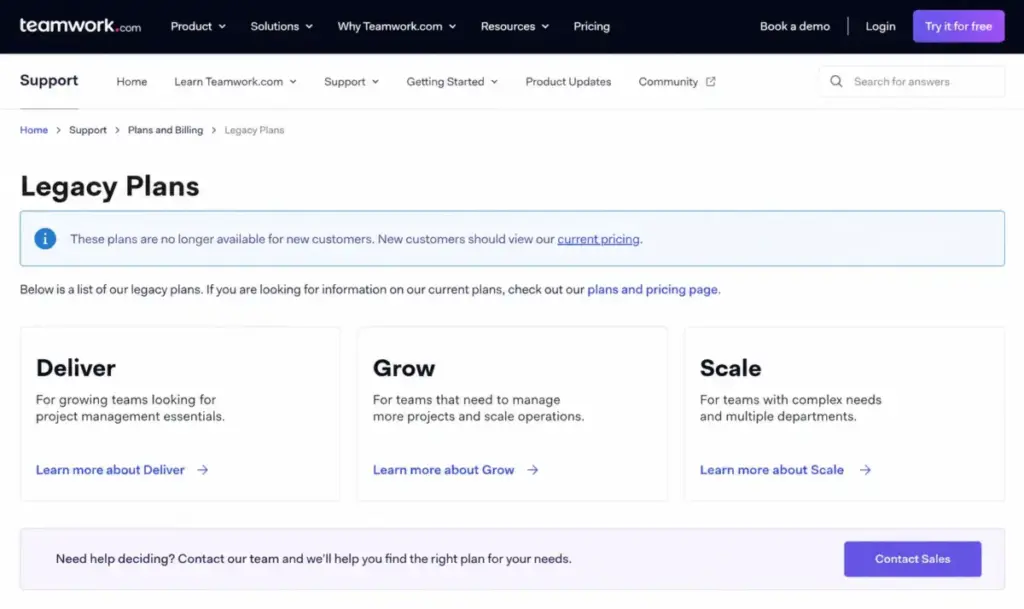 Teamwork.com legacy plans support page showing the notice for new customers and the Deliver, Grow, and Scale plans.