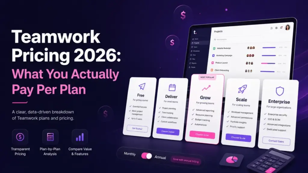 Teamwork Pricing 2026 comparison showing project management plans, features, and monthly versus annual billing.