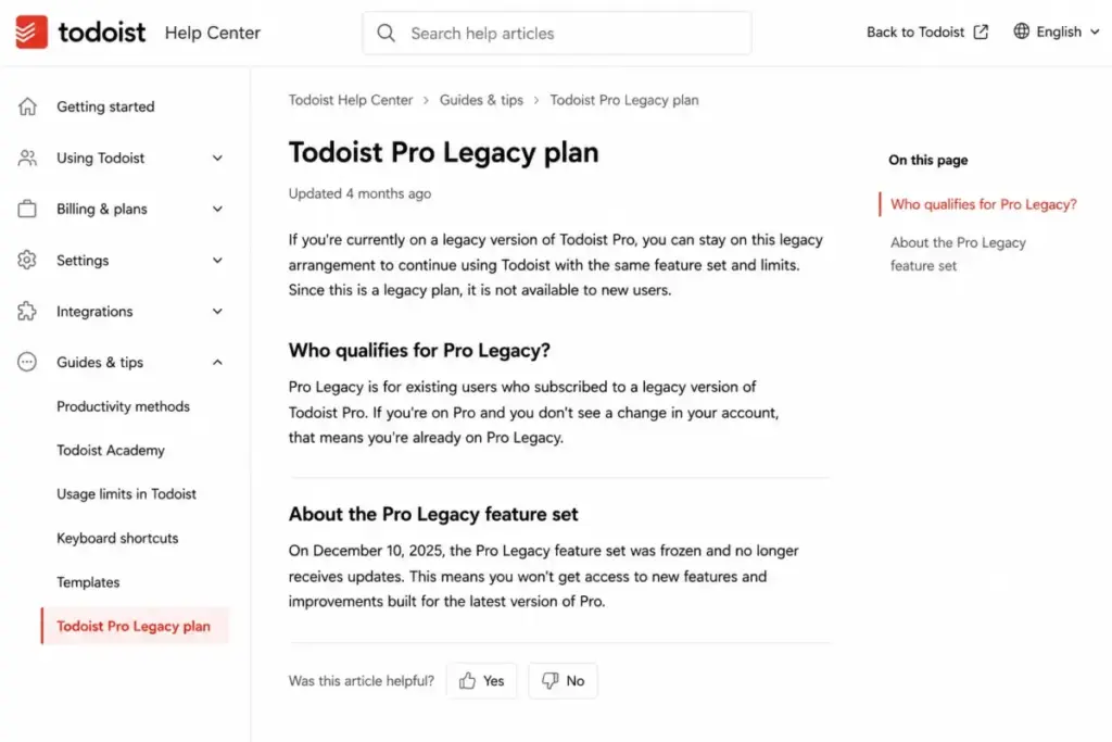 Todoist Help Center article explaining Pro Legacy eligibility and the December 10, 2025 feature freeze