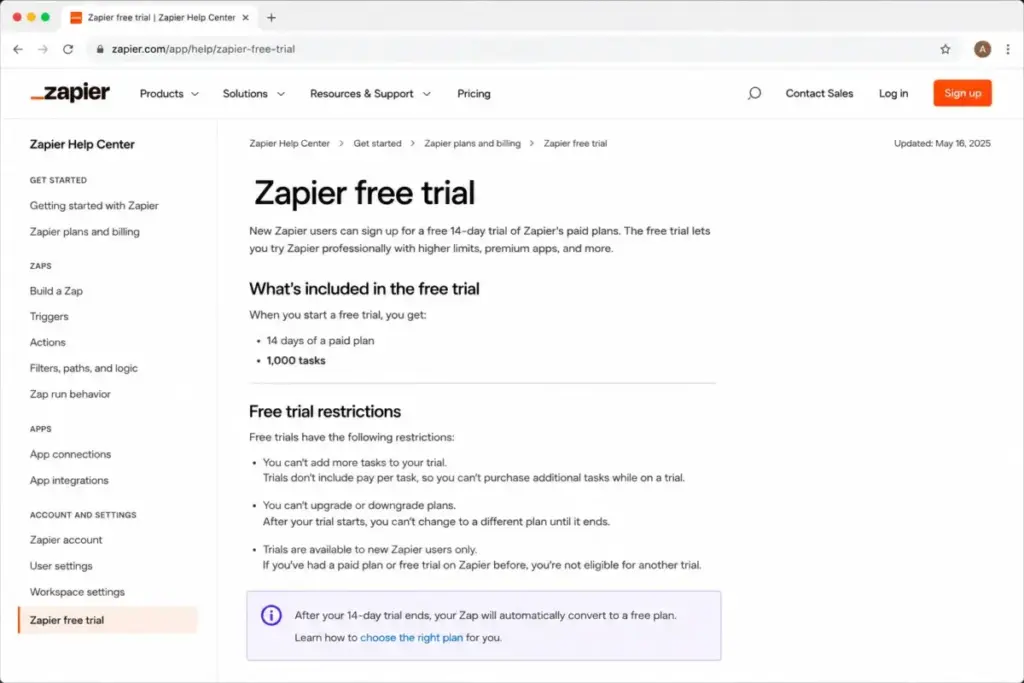 Zapier free trial help page showing 1,000-task limit and pay-per-task restriction