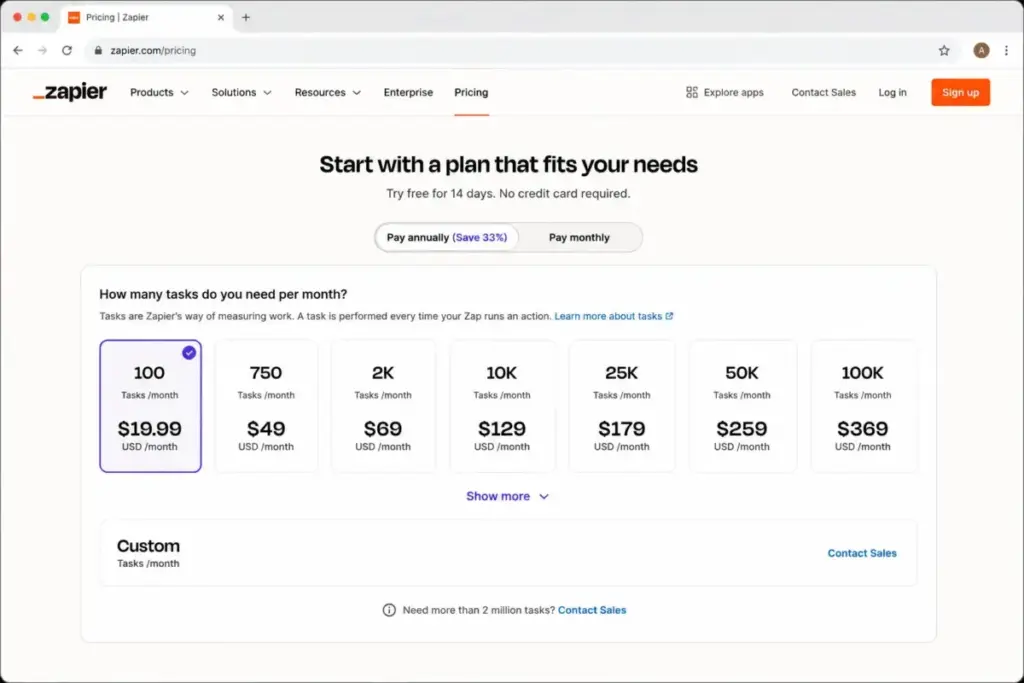 Zapier pricing task tier selector showing monthly task options and custom task limit