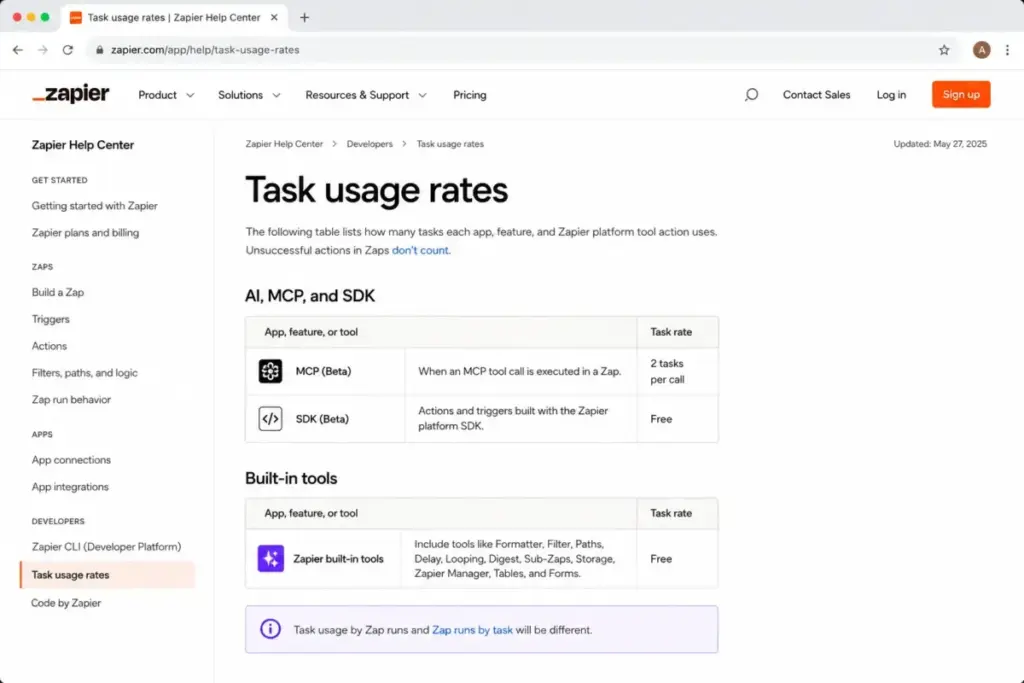 Zapier task usage rates page showing MCP tool calls and SDK Beta task pricing