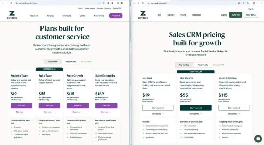 Side-by-side comparison of Zendesk customer service pricing and Zendesk Sell CRM pricing pages