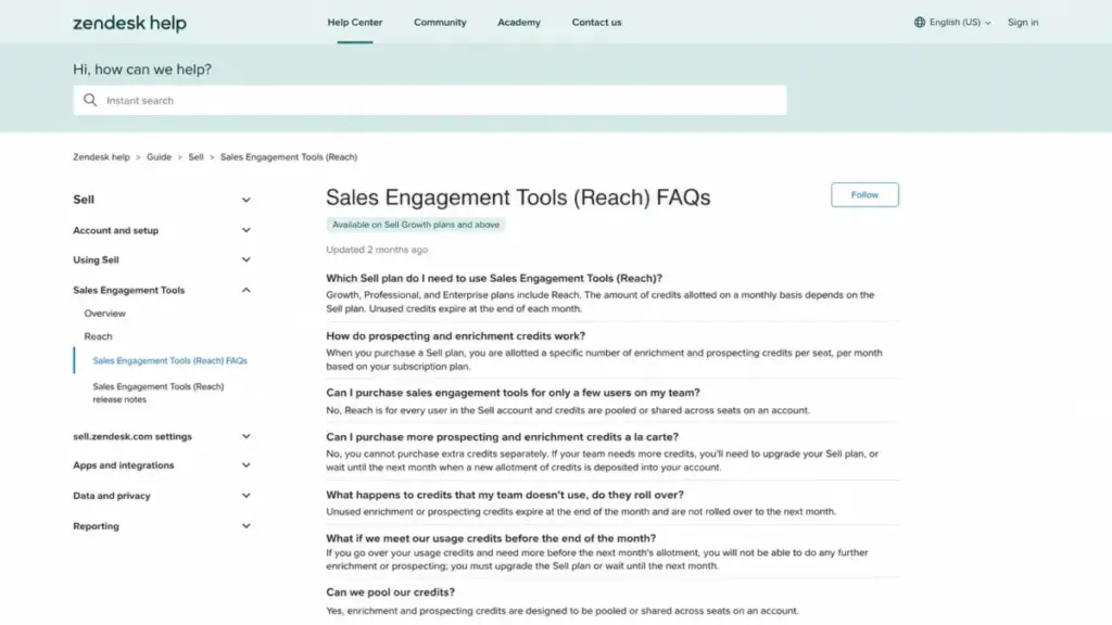 Zendesk Reach FAQ showing per-seat monthly credits, expiration rules, and no à la carte credit purchases