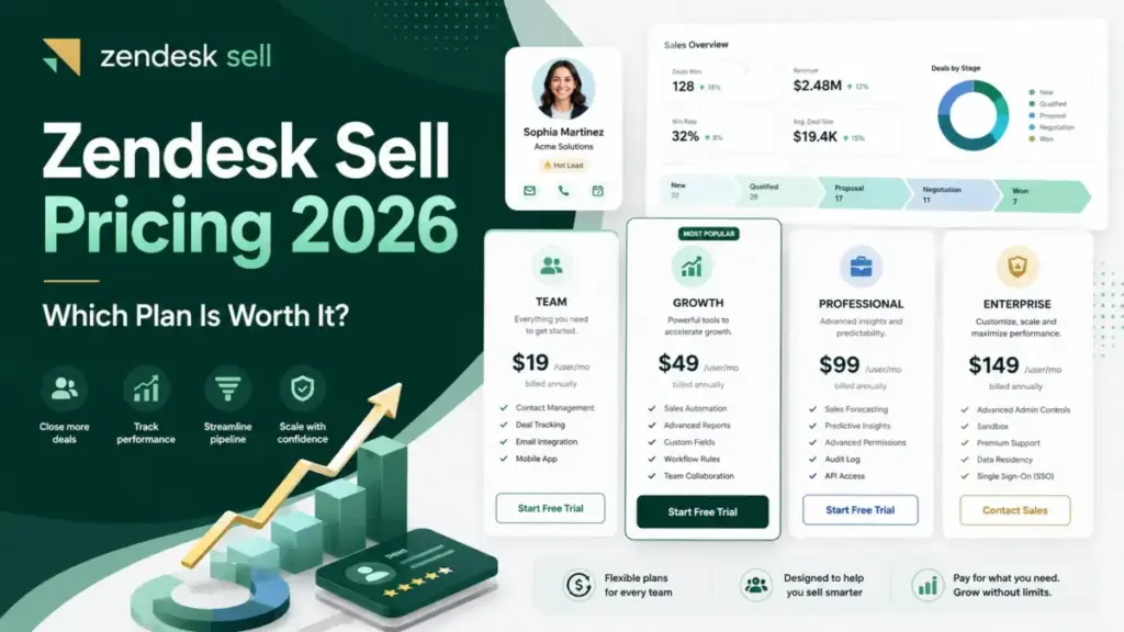 Zendesk Sell Pricing 2026 comparison with CRM dashboard and pricing plan cards
