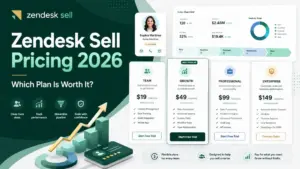 Zendesk Sell Pricing 2026 comparison with CRM dashboard and pricing plan cards