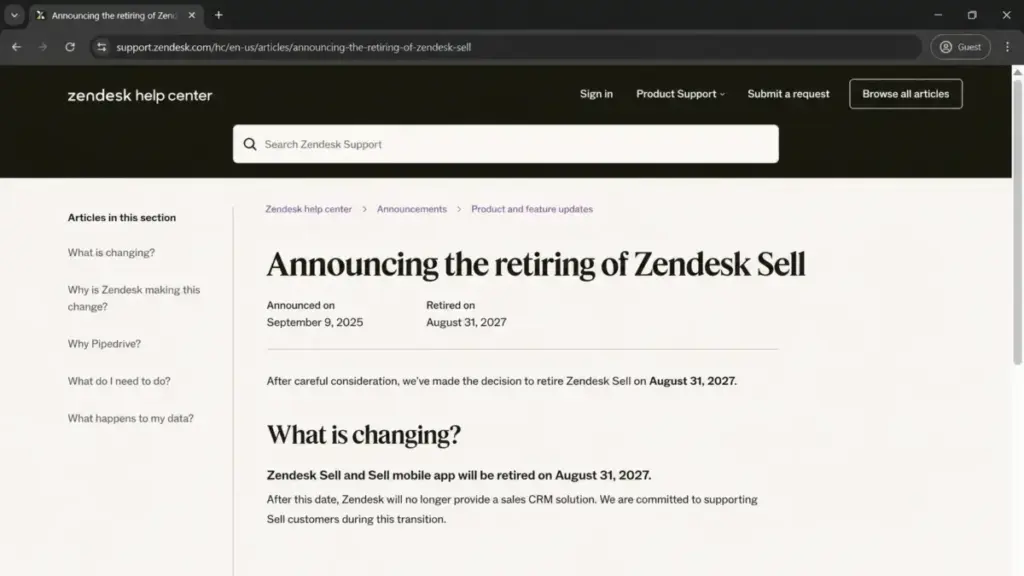 Zendesk Help Center announcement confirming Zendesk Sell and its mobile app will retire on August 31, 2027