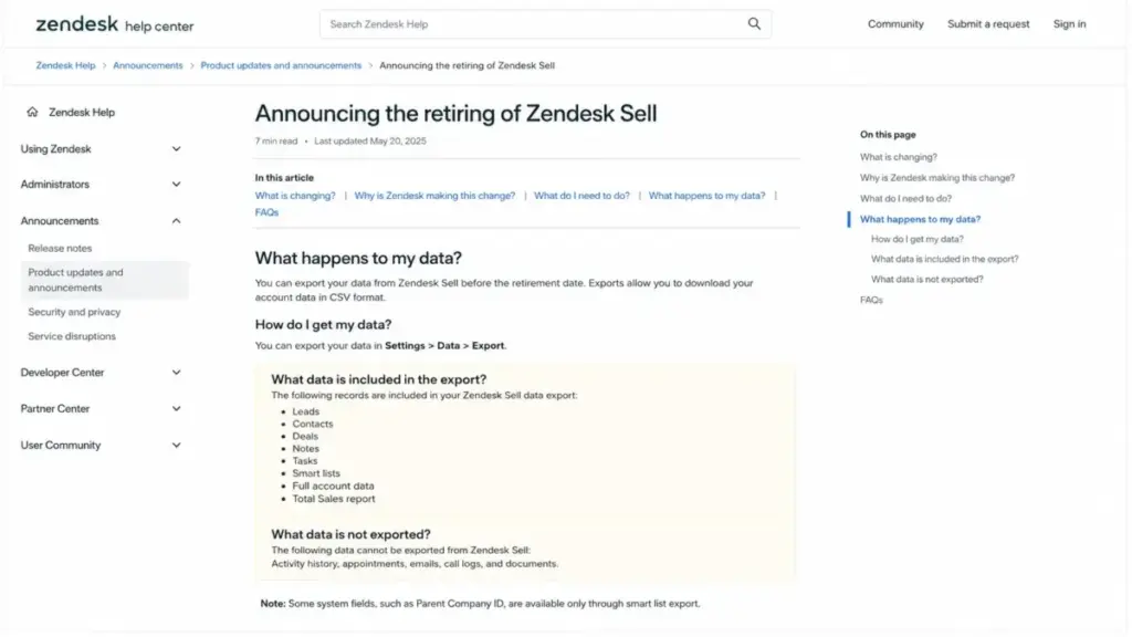 Zendesk Sell retirement documentation showing exportable records and data excluded from export