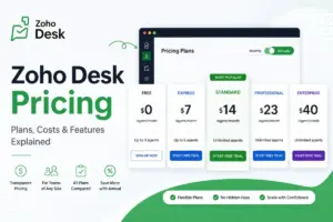 Zoho Desk Pricing featured image showing pricing plan cards for Free, Express, Standard, Professional, and Enterprise